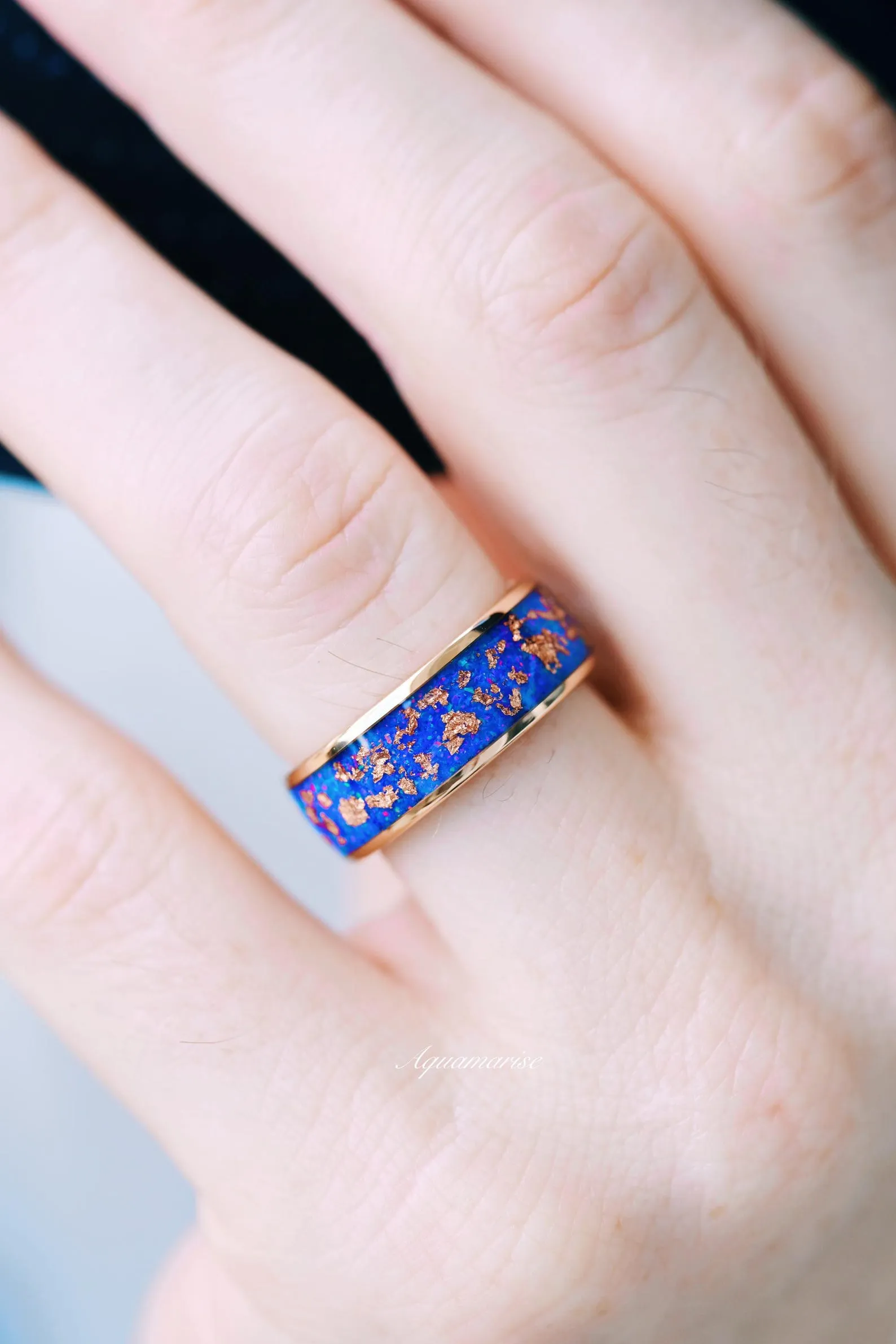 Starry Night Van Gogh Fire Opal Wedding Band- 8MM Rose Gold Tungsten