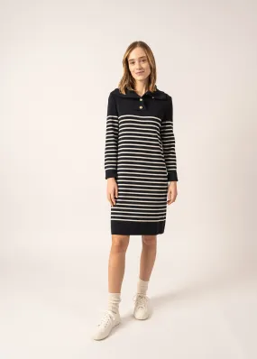 Vague Striped Wool Dress - with buttoned collar (NAVY/ECUME)