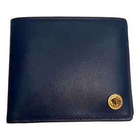 Versace La Medusa Logo Plaque Navy Blue Calf Leather Bifold Wallet