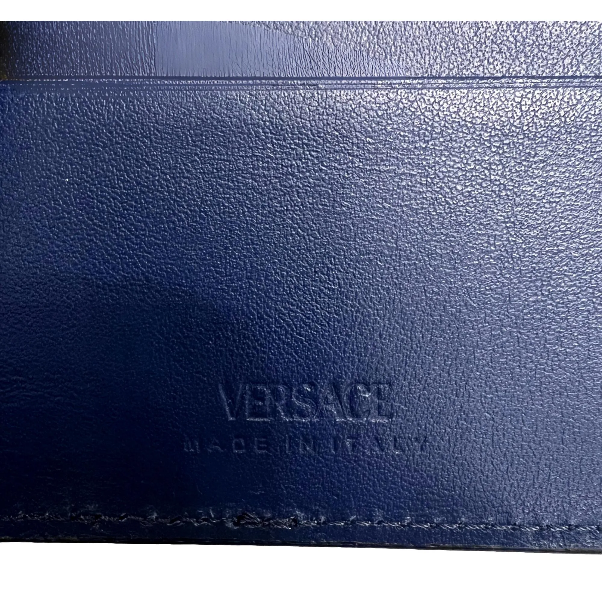 Versace La Medusa Logo Plaque Navy Blue Calf Leather Bifold Wallet