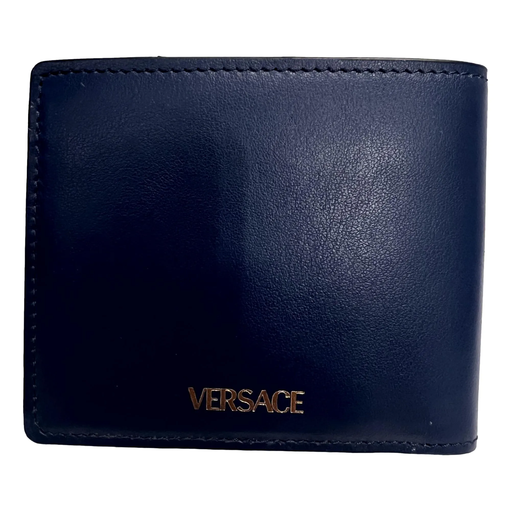 Versace La Medusa Logo Plaque Navy Blue Calf Leather Bifold Wallet