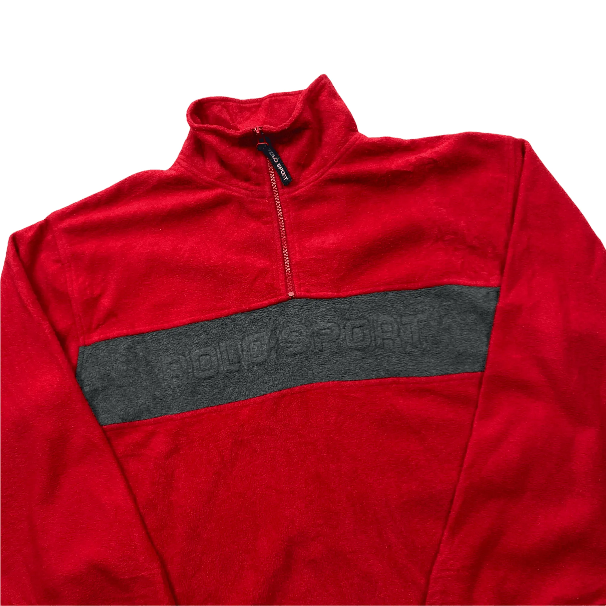 Vintage 90s Red   Grey Ralph Lauren Polo Sport Spell-Out Quarter Zip Fleece - Extra Large